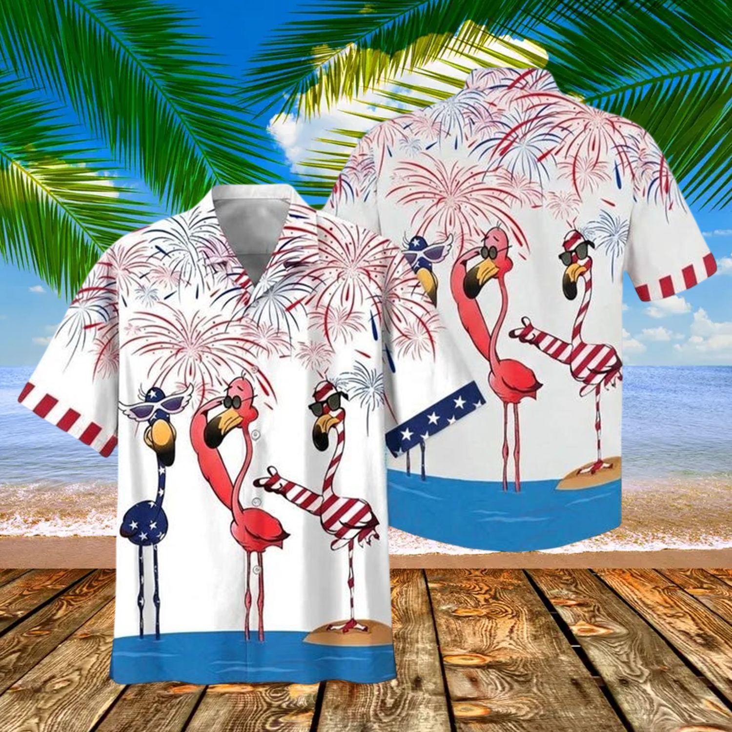 Flamingo American Flag Firework Hawaiian Shirt
