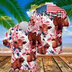 Red Angus Cattle Lovers American Flag Hawaiian Shirt